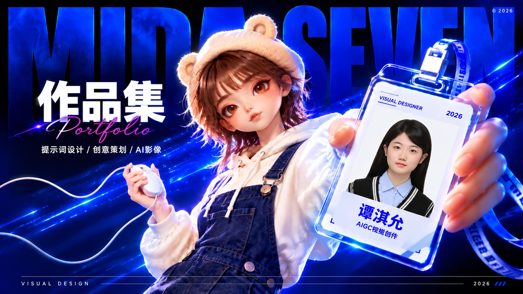 谭淇允作品集封面：熊耳帽少女手持个人工牌，电光蓝背景